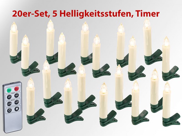 Weihnachtsbaumkerzen Lunartec , 20er-Set LED-Weihnachtsbaum-Kerzen mit IR-Fernbedienung, Timer, weiß