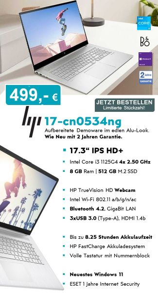 Hewlett Packard HP 17-cn0534ng, Intel 1125G4 Core i3 4x2.50 GHz, 17.3" Zoll, 1600x900, Intel UHD Gra
