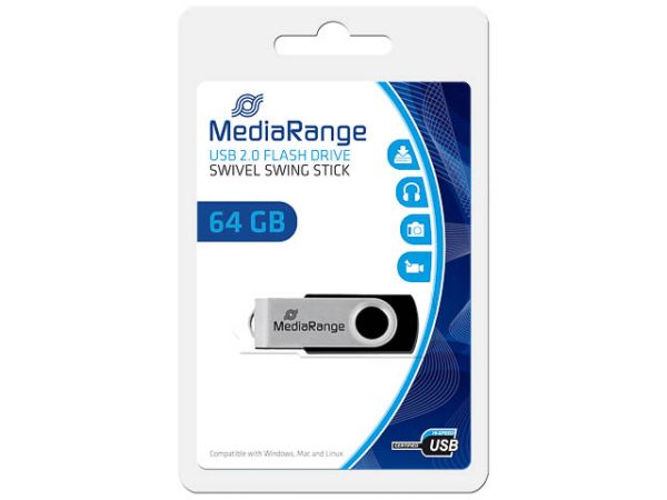 MediaRange Flexi USB-Stick 64 GB, USB 2.0, Farbe: Schwarz-Silber