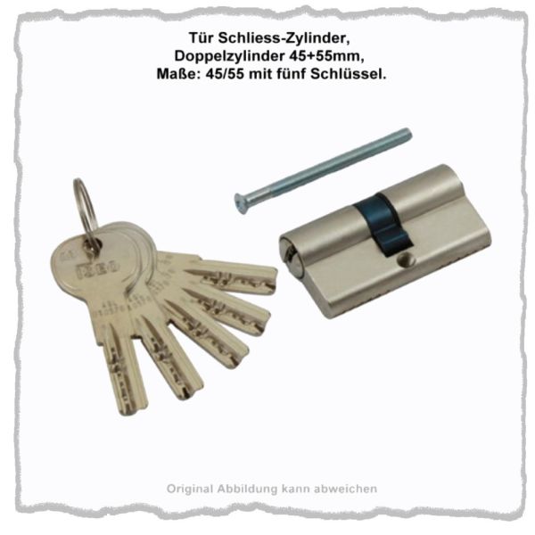 Tür Schliess-Zylinder, Doppelzylinder 45+55mm, Maße: 45/55 mit fünf Schlüssel.