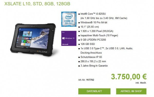 XSLATE L10, STD, 8GB, 128GB 10,1" XPAD L10 Hard-Handle Full Rugged Tablet
