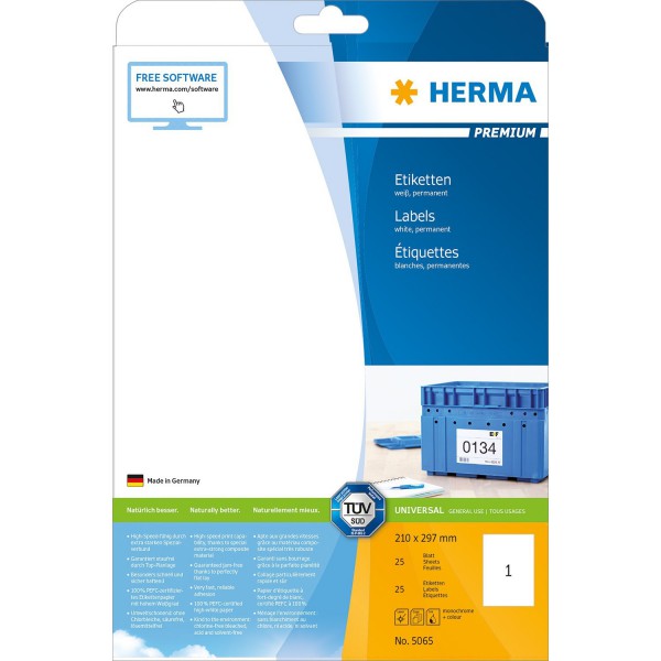 Herma 5065 Etiketten (Premium Papier matt, 210 x 297 mm) Inhalt 25 Stück weiß