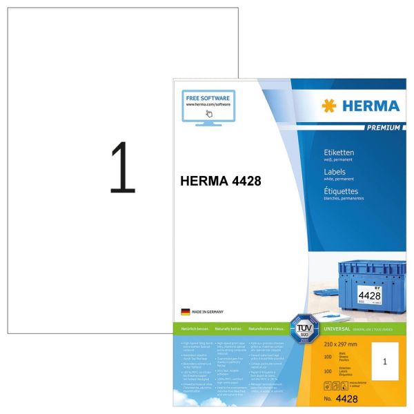 Herma 4428 Etiketten, 100 HERMA Etiketten 4428 weiß, 210,0 x 297,0 mm. (Premium Papier matt, 210 x